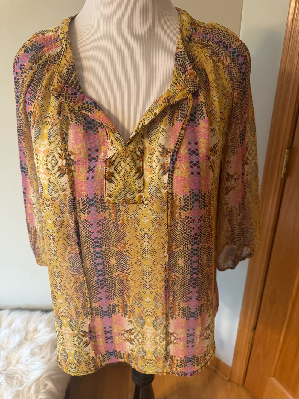 Bar III Yellow and Pink Snake Print V-Neck Tunic